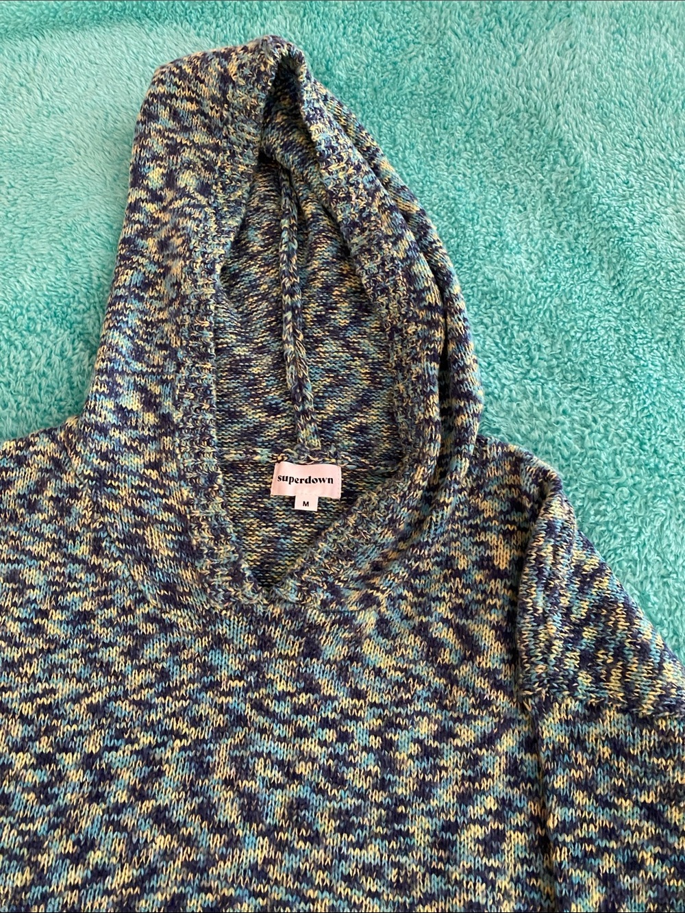 superdown Blue Multi-Color Knit Hooded Turtleneck Sweater